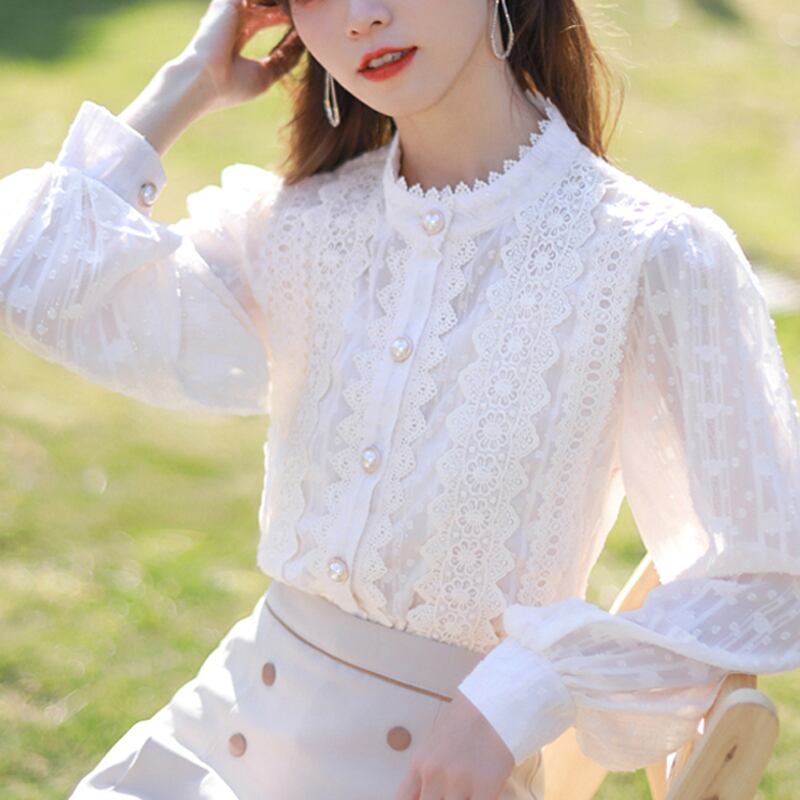 トップス レース 長袖 シャツ Ol 通勤 薄い 透け感 ランタンスリーブ 白 可愛い 気質up 清楚 合わせやすい Miyabigo