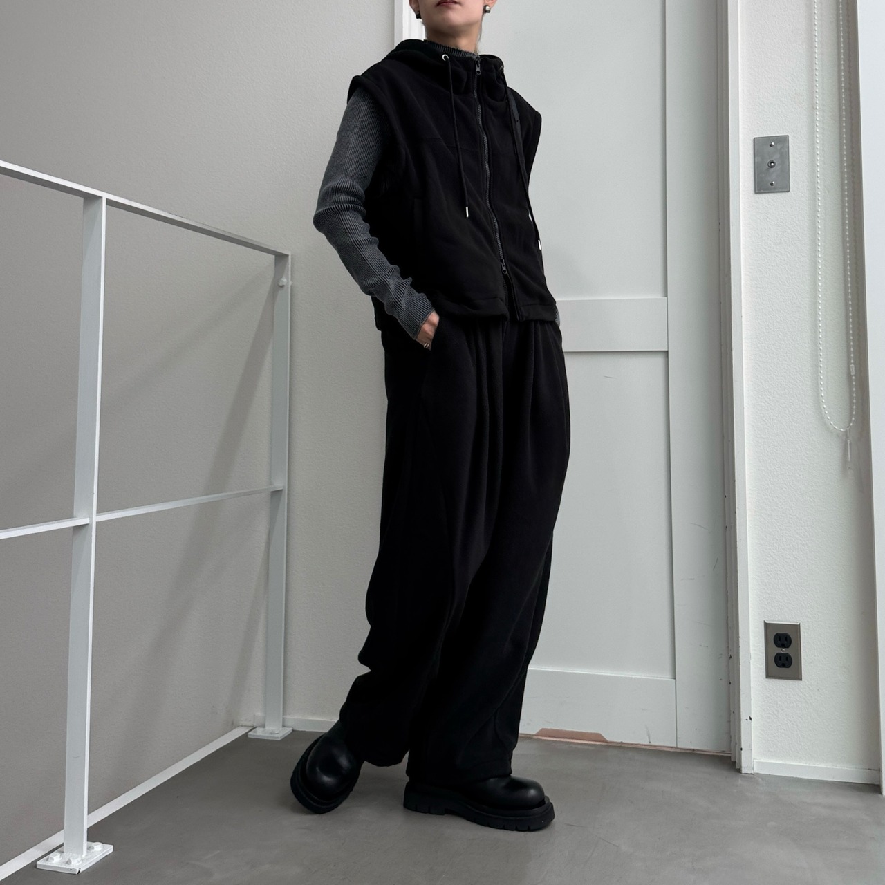Wzipフリースフーディーvest/ブラック