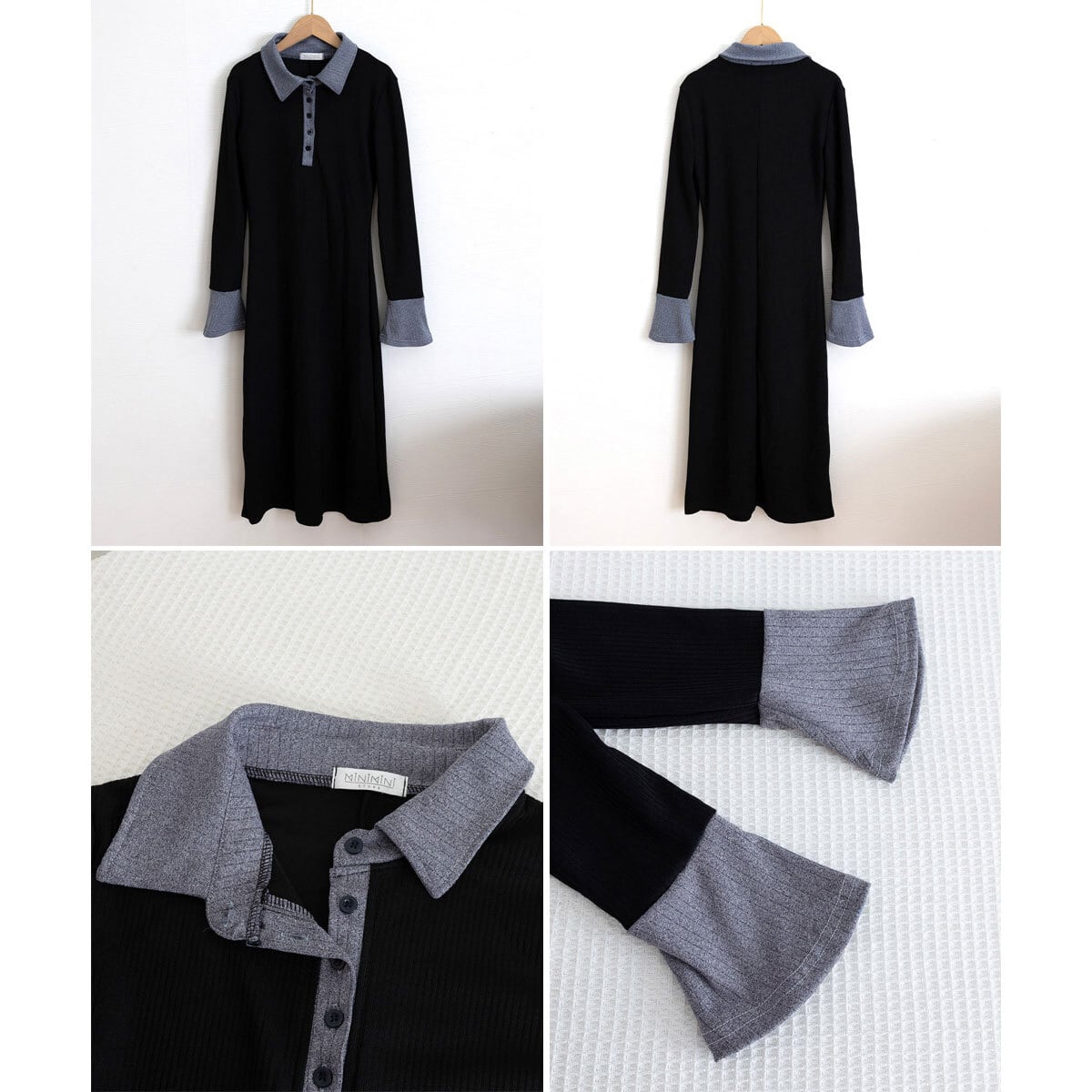 ポロ衿 ロングワンピース 長袖 レディース 春秋冬 韓国 ワンピース きれいめ 大人 かわいい カジュアル ハーフボタン 配色 ブラック 黒 リブニット ニットワンピース 大人可愛い 大人女子