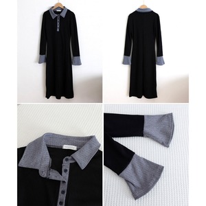 ポロ衿 ロングワンピース 長袖 レディース 春秋冬 韓国 ワンピース きれいめ 大人 かわいい カジュアル ハーフボタン 配色 ブラック 黒 リブニット ニットワンピース 大人可愛い 大人女子