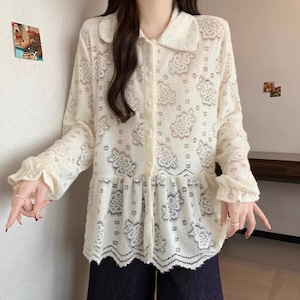 スカラップレースペプラムブラウス ・74303 スカラップレースペプラムブラウス ・74303