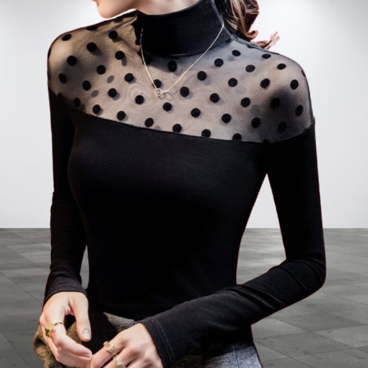 sheer switching high-neck tops L00683