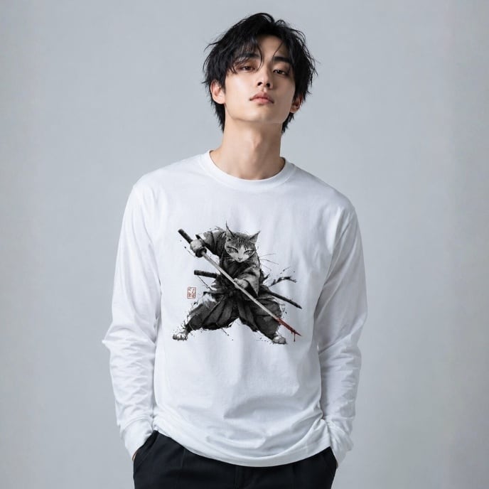 「一太刀の後・江戸猫ロンT」 長袖Tシャツ リブなし