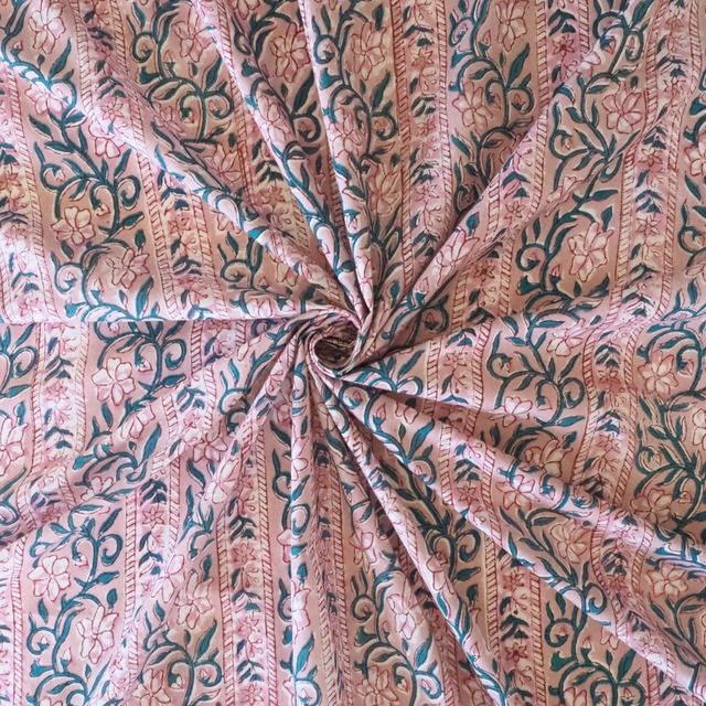 ブロックプリント生地【50cm単位】インド綿  ストライプ柄 くすみピンク×グリーン #47610-PK3