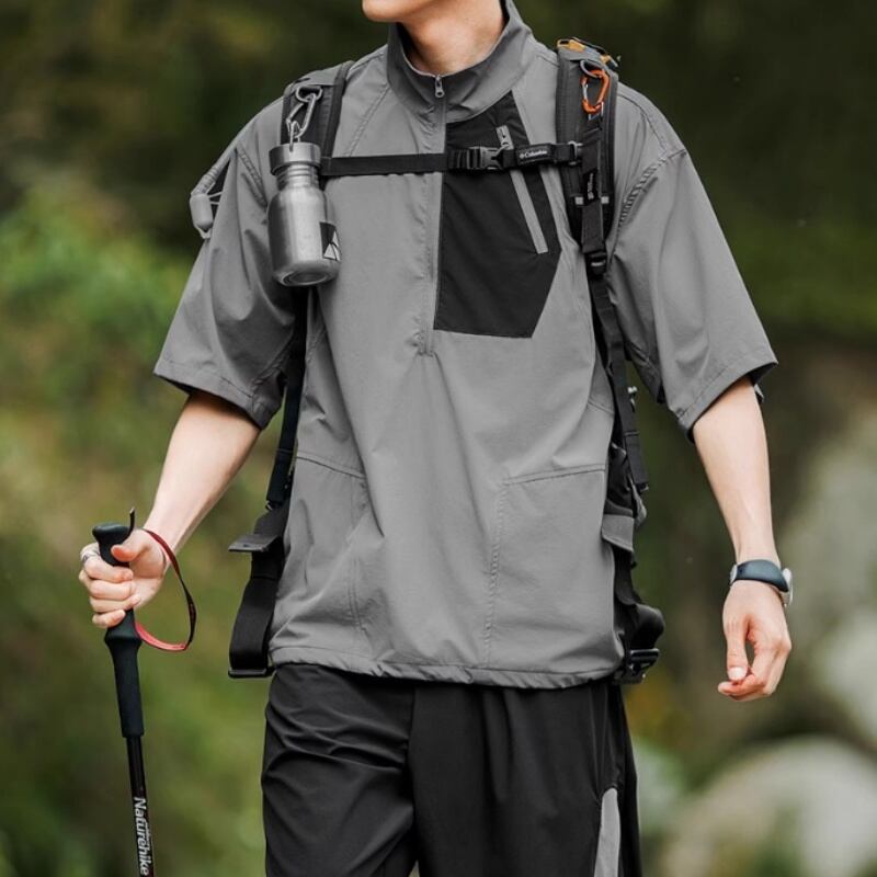 通気性の良いスタンドカラー五分袖Tシャツ A18695