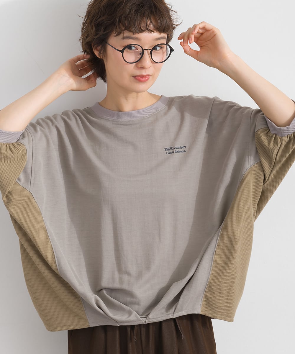 J262137 レーヨン混鹿の子 異素材切替コクーンプルオーバー / Rayon