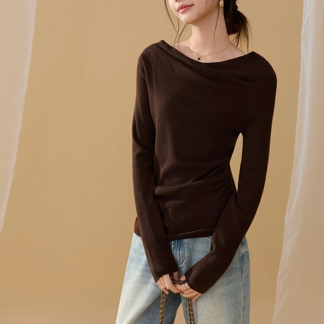 アシンメトリー 長袖 ヒップ丈 ニット YH9703