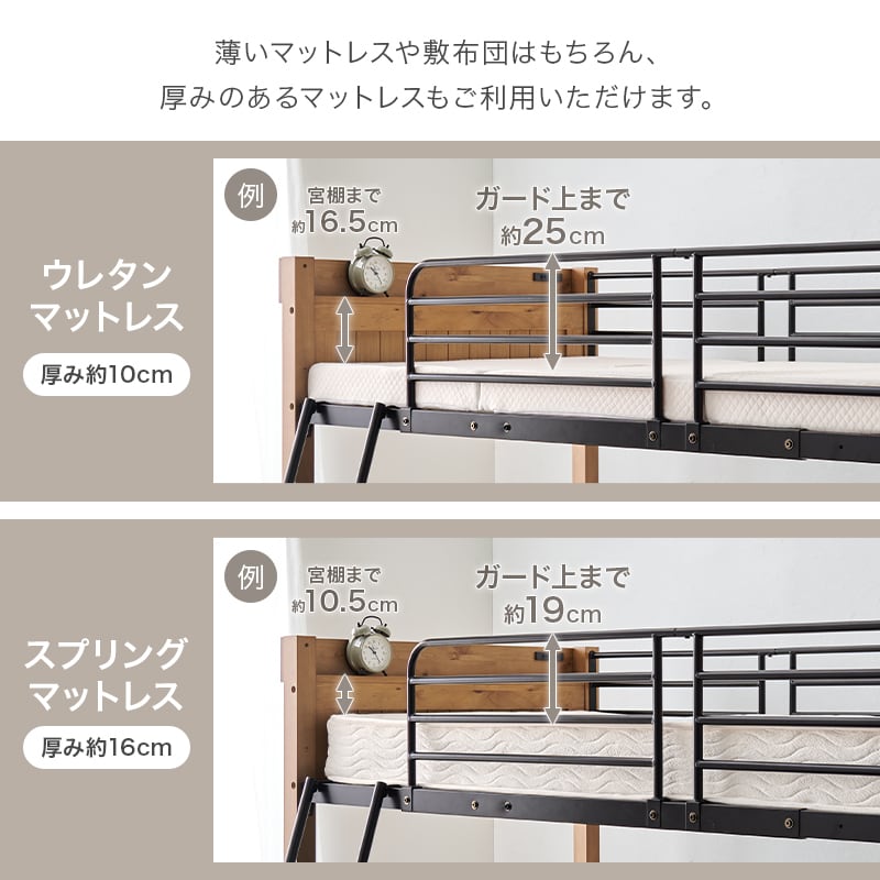 【レビュー特典付き】組立式 耐荷重100kg ロフトベッド コンセント付き宮棚 2色展開 シンプル 幅105.5cm