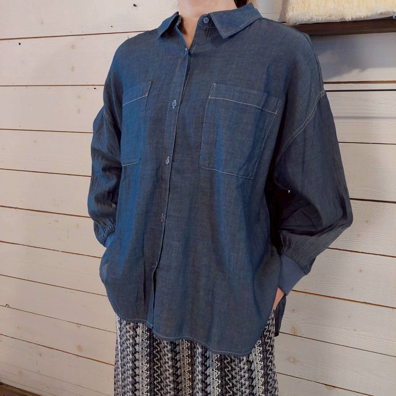 『People's』2748  デニムリブ袖ロングスリーブシャツ　シアー　フリーサイズ