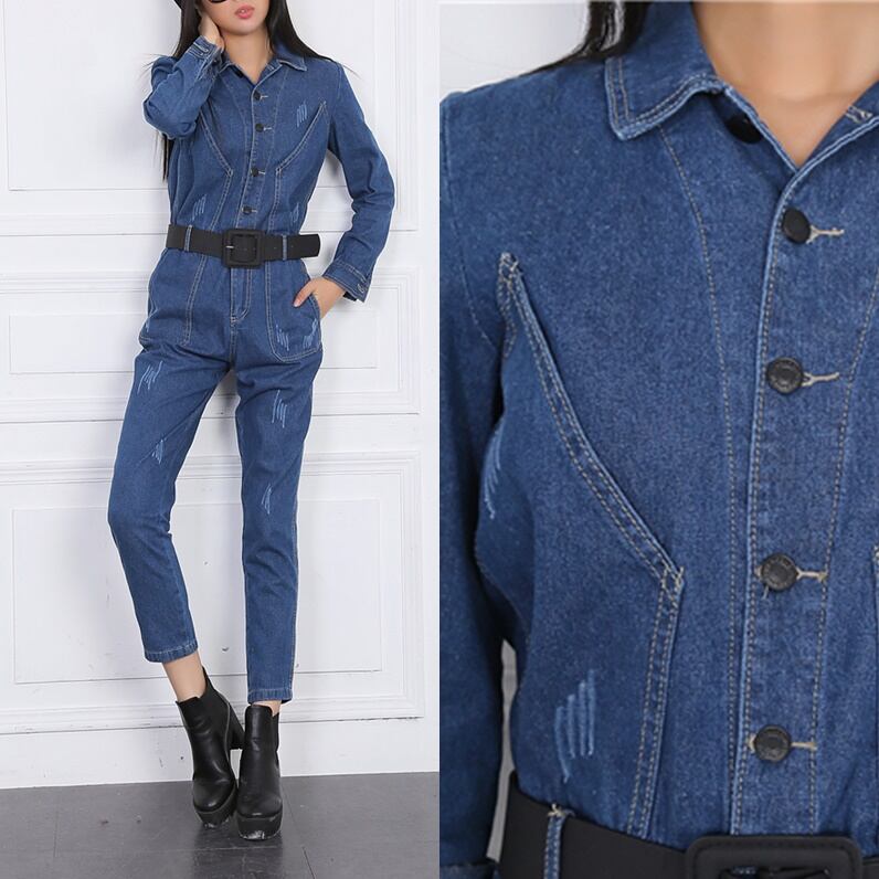 襟付き シャツ デニム スリムオールインワン