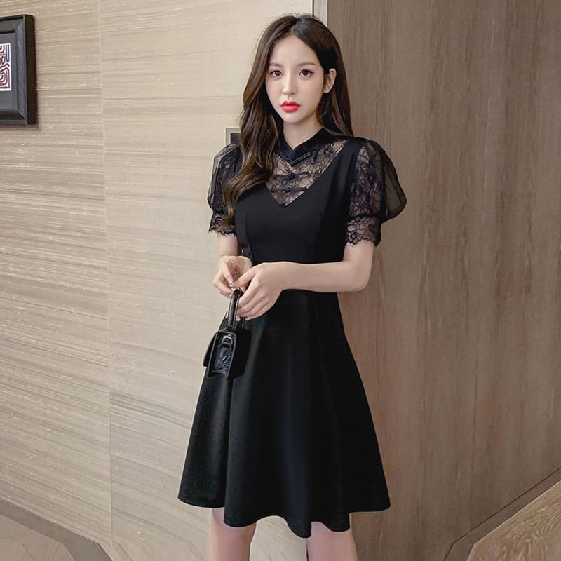 ワンピース チャイナ風 半袖 黒 レース スタンドネック Aライン 切り替え おしゃれ ブラック S M L Xl Dresszone