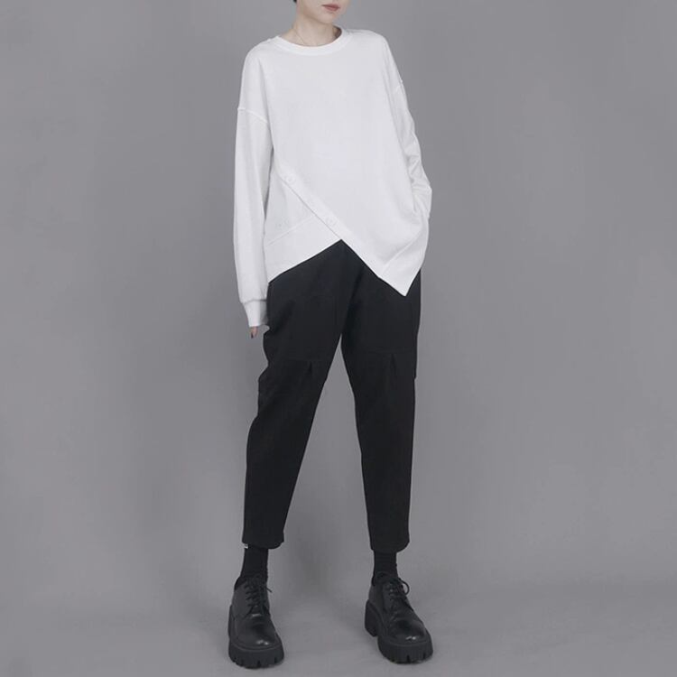 不規則ゆったりカットソー シンプル無地ラウンドネックデザイン長袖トップス R30011