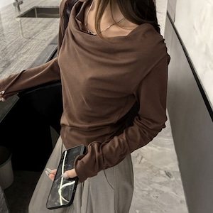 ドレープ Tシャツ 長袖 レディース 春秋 トップス 韓国 大人 カジュアル きれいめ ストリート おしゃれ ドレープネック 無地 カットソー 大人可愛い 大人女子