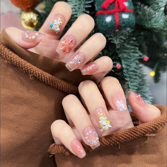 【NAIL】花火とクリスマスツリーのネイルチップ