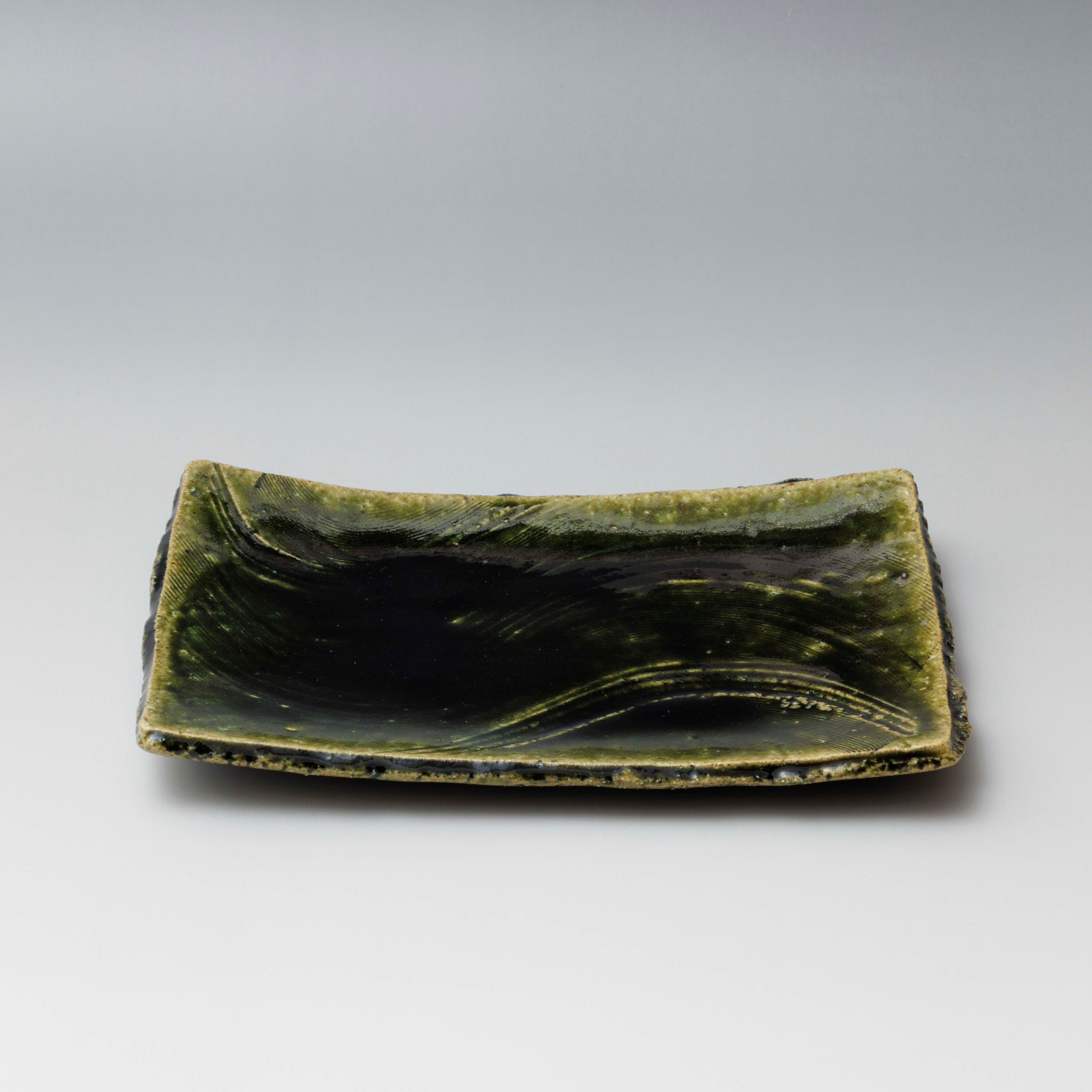 織部 削文 長角皿｜棚橋 淳（陶房 淳）｜《寸法》径18.7×13.6×高3.2 | 山佳