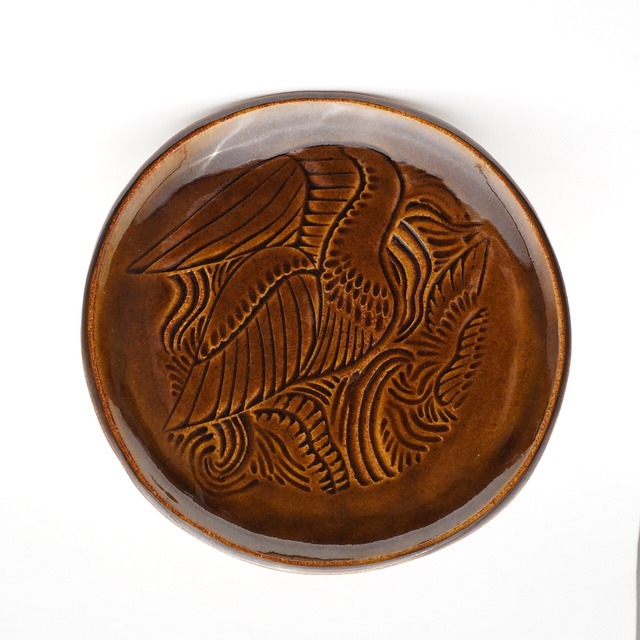 【赤膚焼 大塩まな】刻紋飴釉皿 「鴨」