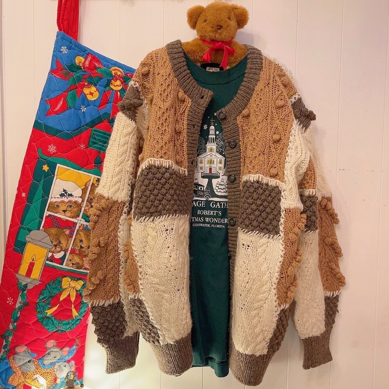 patchwork ponpon knit cardigan