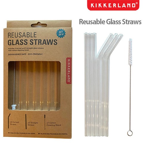 Reusable Glass Straws リユーザブルグラスストロー 2タイプ各3本セット 専用ブラシ付き エコ キッカーランド KIKKERLAND