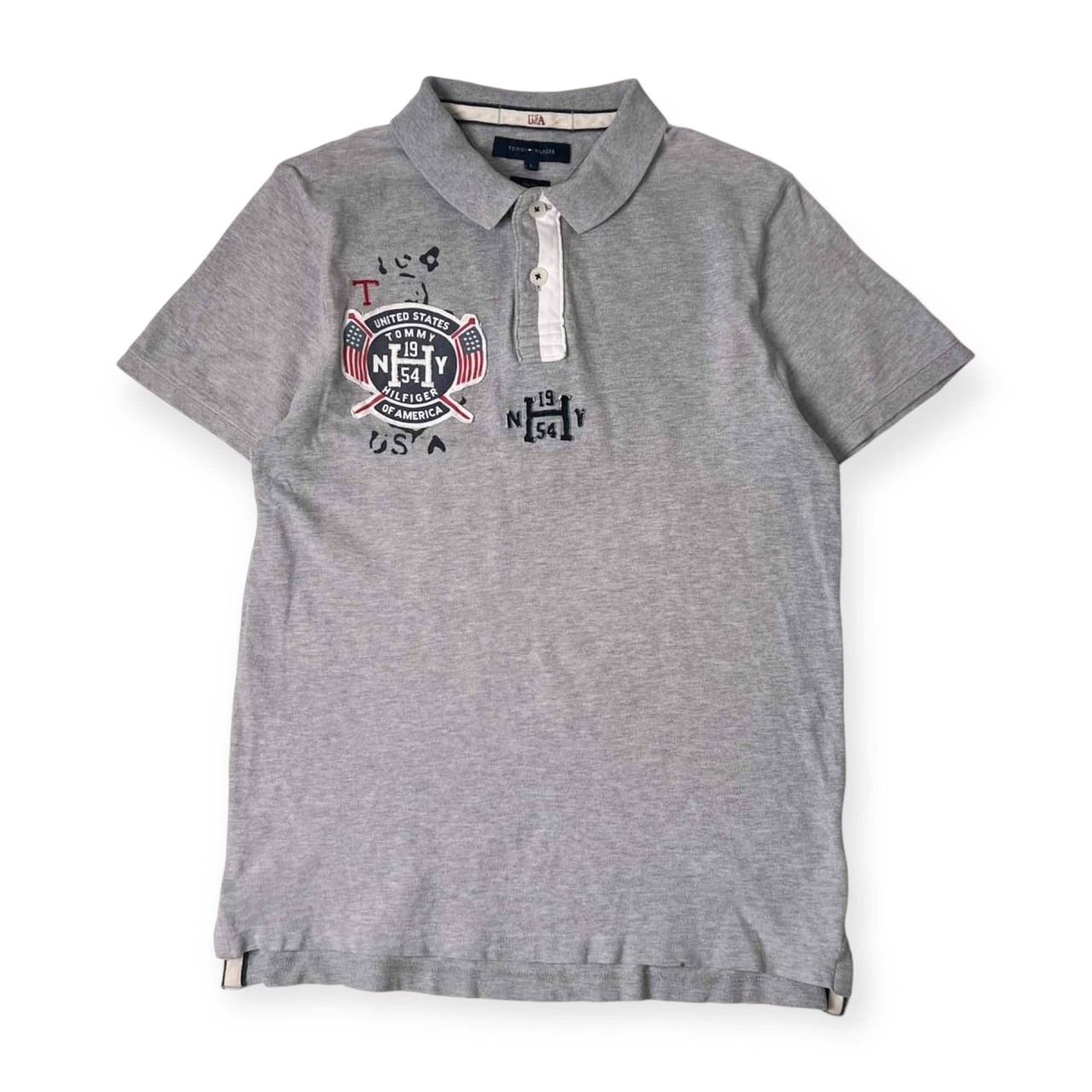 TOMMY HILFIGER トミー ヒルフィガー アメリカ国旗 鹿の子 半袖 ポロシャツ L/グレー メンズ