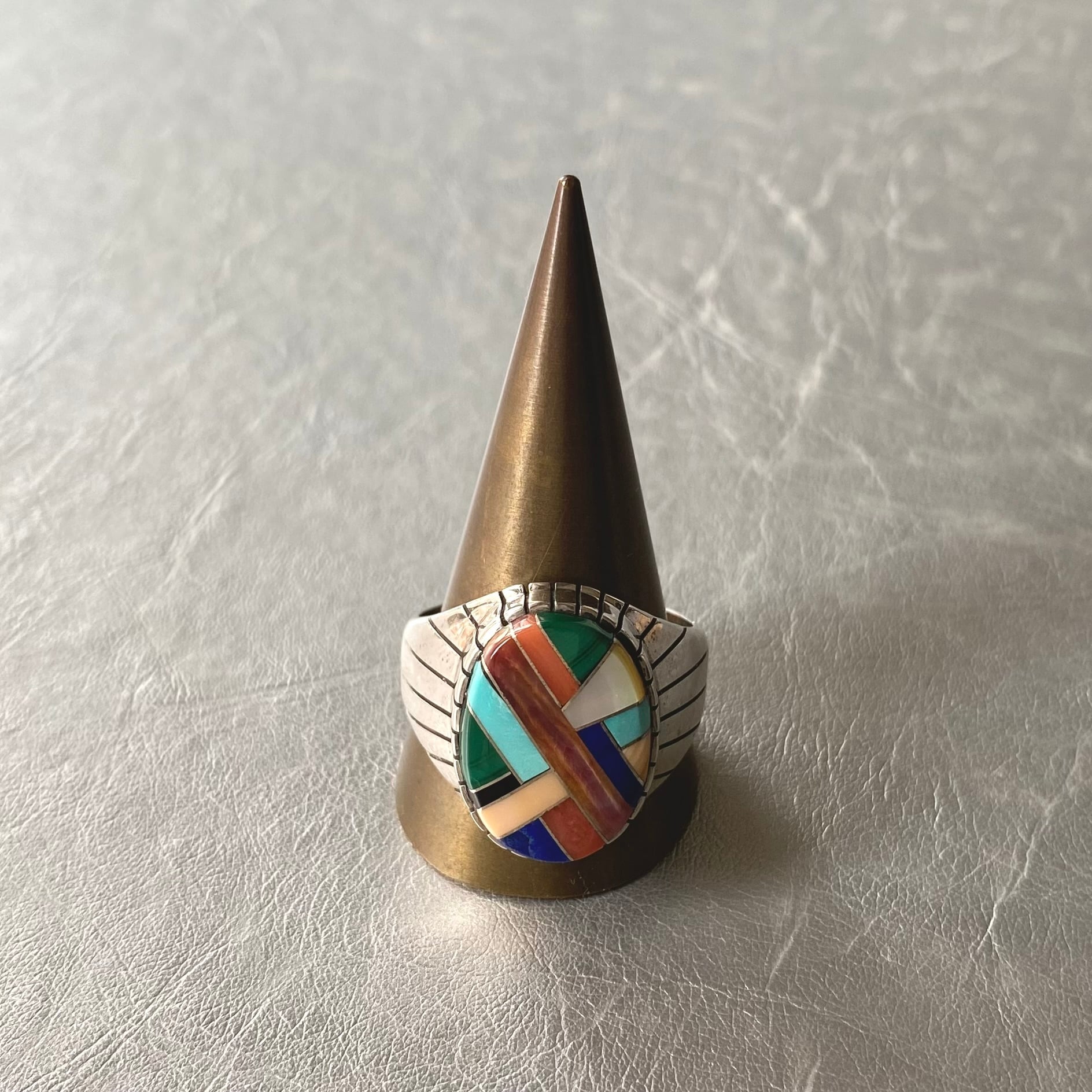 Vintage 70s〜80s USA silver 925 colorful stone artistic inlay ring 