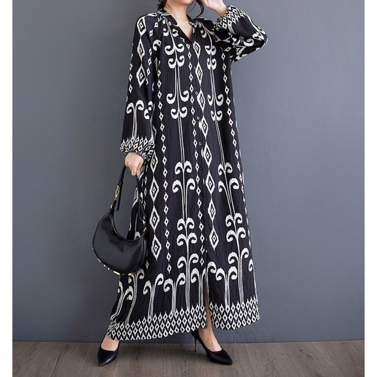 幾何学模様 ボタンフロント ワンピース  00128