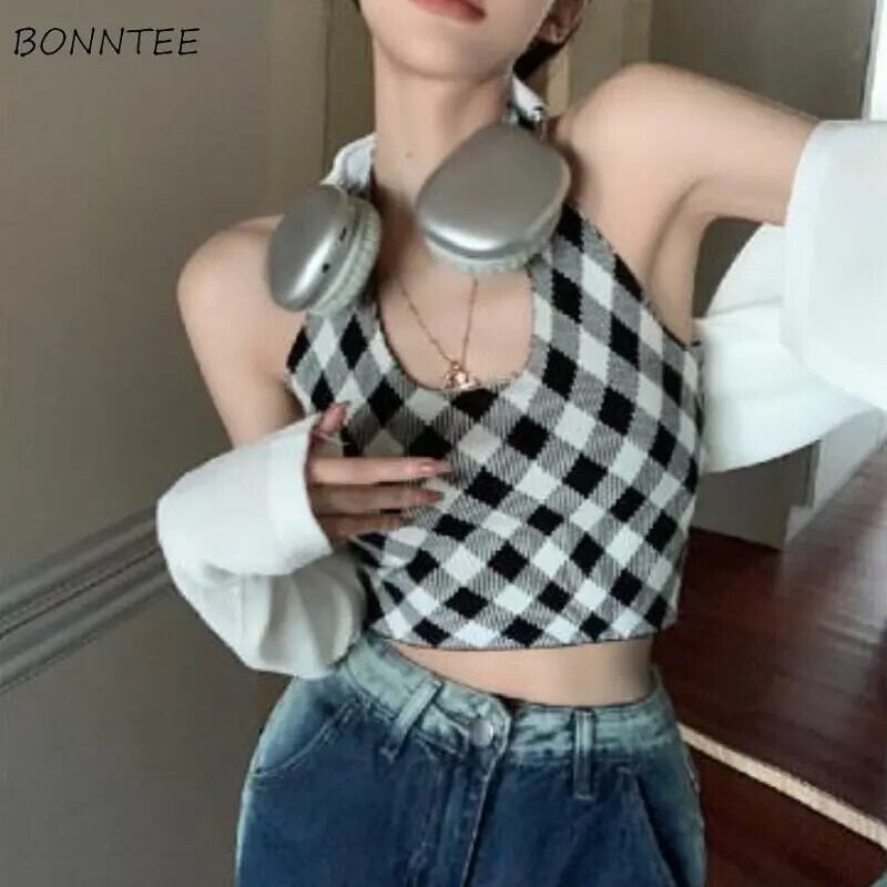【新作】【送料無料】 ホルタータンク女性クラシックチェック柄シックなホットスウィートパーティークラブ着用スリムクロップドトップス夏人気のバックレスデザイン内部 Y2k 0279867202817
