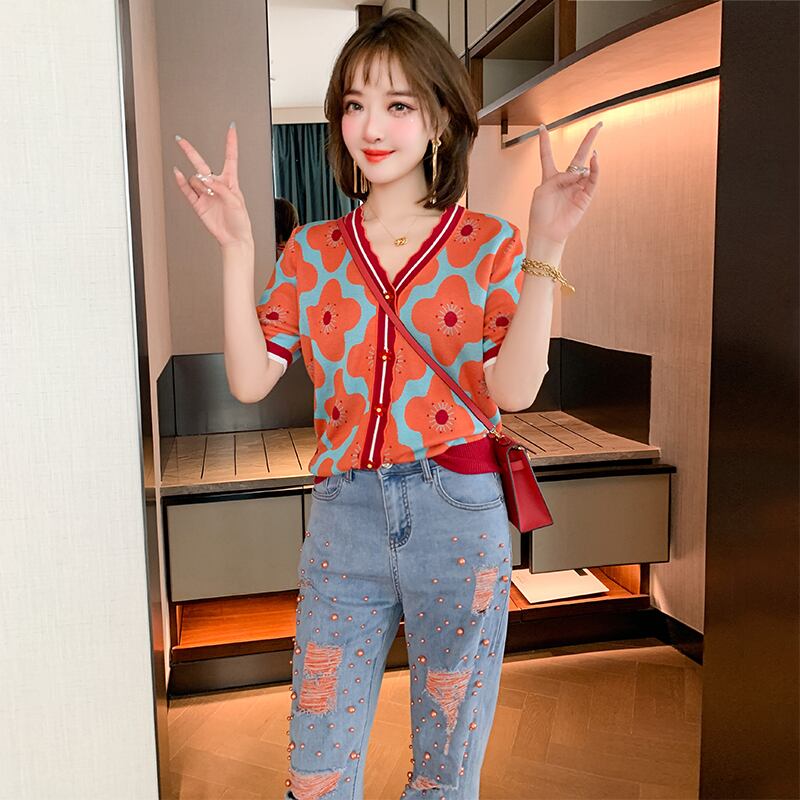 レースVネックフローラルジャカードニット半袖スリーブカーディガンTシャツ サマー ショート ハーフスリーブ 大人ガーリー スウィート キュート カジュアル 夏物 花柄 MIUCO27189444689