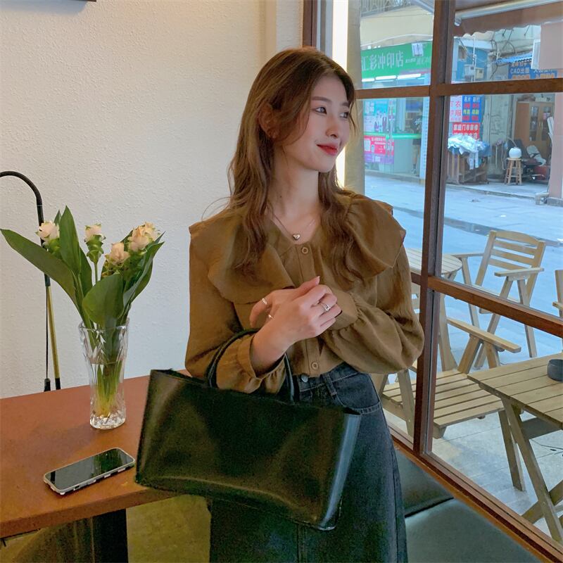 オータムトップス シャツ カラー ロング 大人ガーリー スウィート キュート カジュアル 秋物 1号婦人37926825643