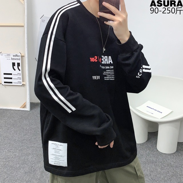 ストライプセーター ルーズラウンドネックTシャツ ジャケット スプリングブラック ロング 大きめサイズ 春物 Oネック ASURAプラスサイズメンズ77916608772