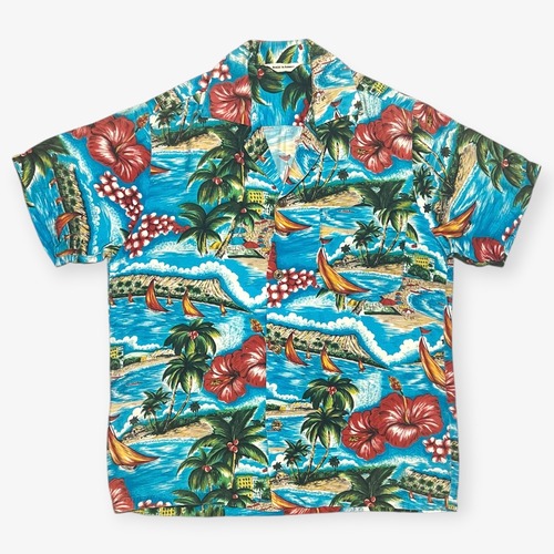 60s|MADE IN HAWAII|ハワイアンシャツ|ダイヤモンドヘッド柄 古銭ボタン レーヨン系 開襟|B