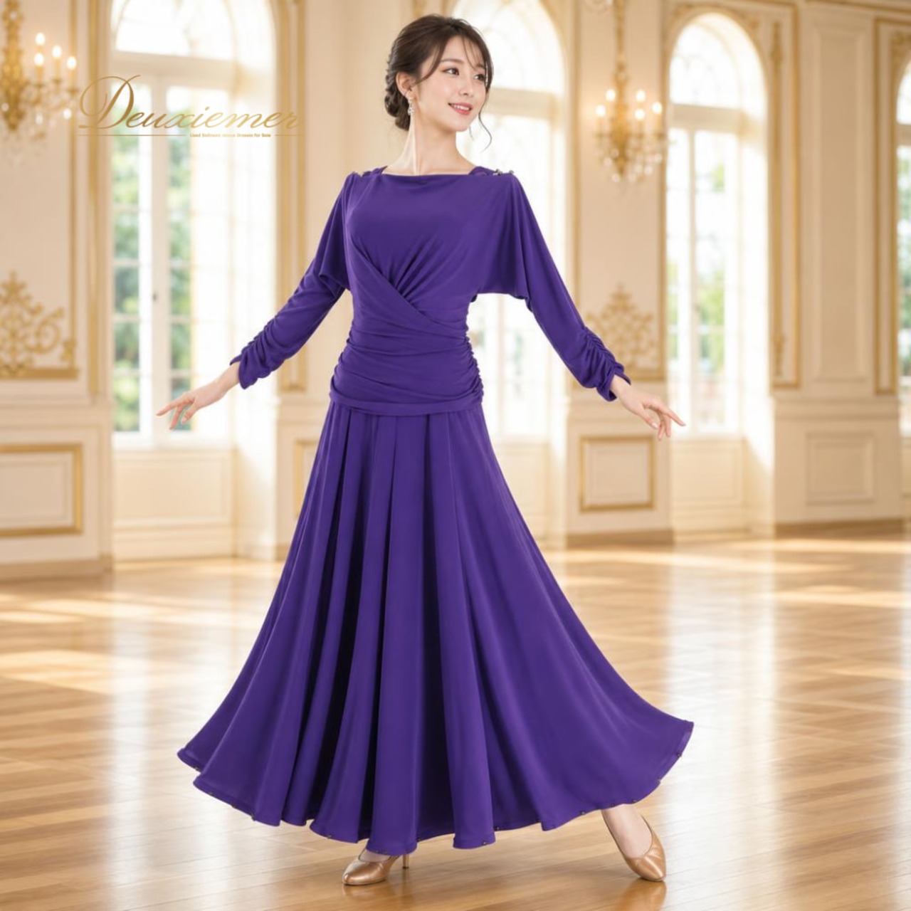 社交ダンス 衣装 in the MOOD インザムード ドレス ワンピース スタンダード パープル系 紫 無地 レース 上品 高級感 ダンス パーティ 発表会 レディース ステージ エレガント
