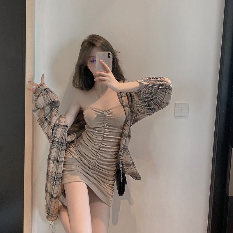 ワンショルダーセクシーチューブトップドレスレディース2020年秋新作タイトスカート気質ウエストバッグヒップスカート ブラックストロベリース2066433989