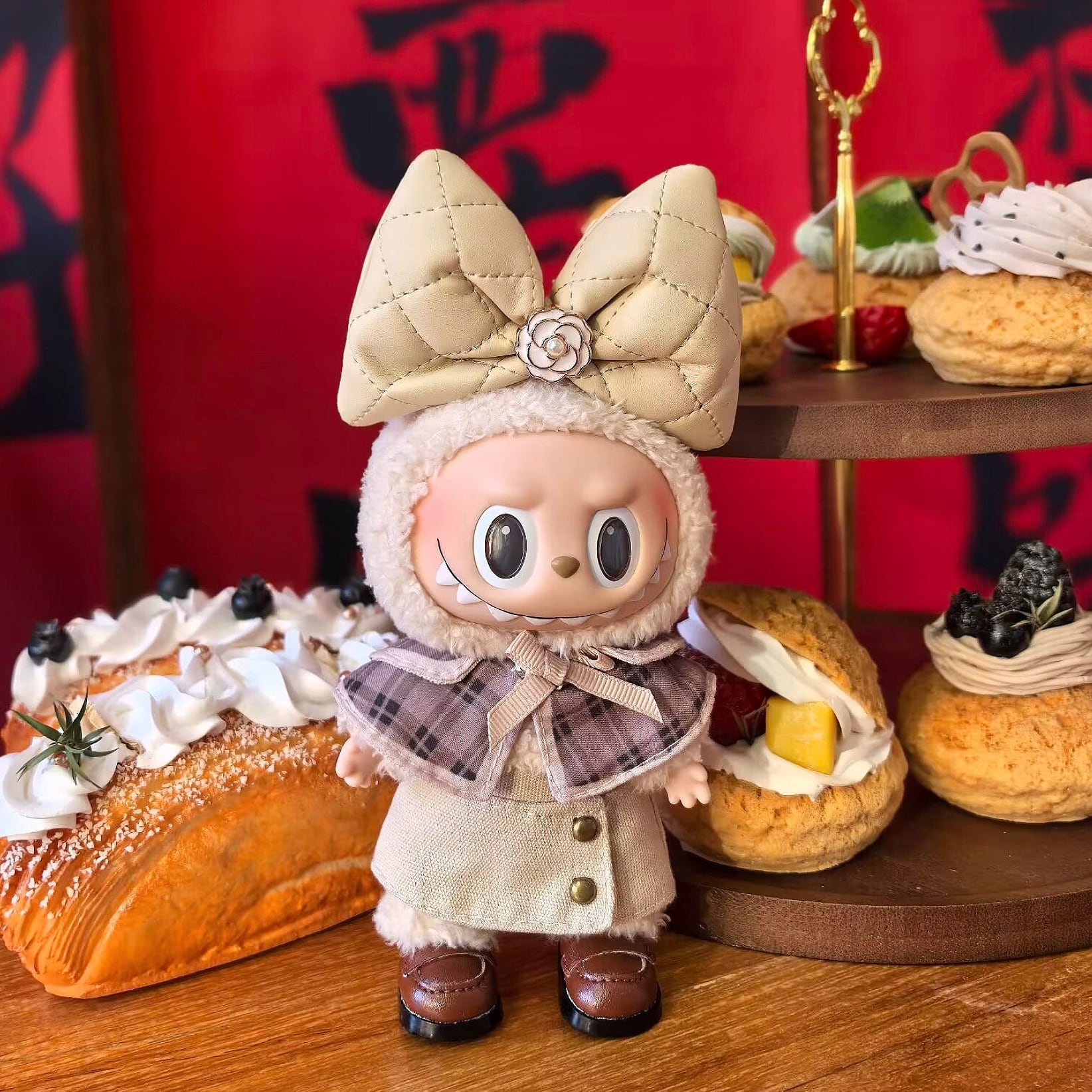 ぷっくり立体リボンが可愛い!15cm/17cm labubu ラブブ 上質 3点セット高品質ドール服 英国学園風コーデ お嬢様スタイルのドール服