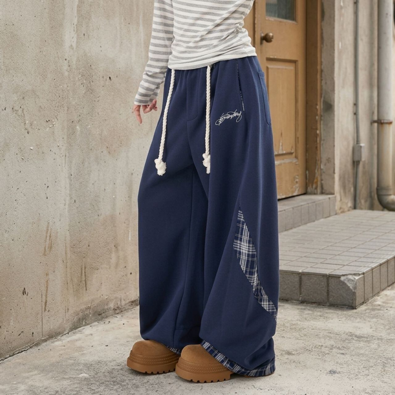 チェックパネルワイドラインスウェットパンツ 3col R02116