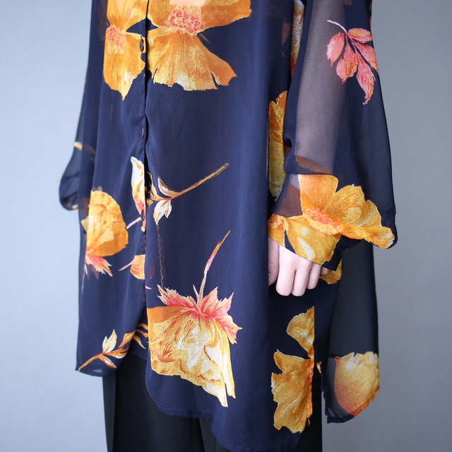 XX over silhouette art flower pattern see-through shirt