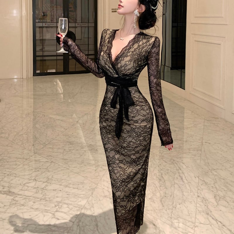 ワンピース レース Vネック フィットウエスト 綺麗め ブラック S M L