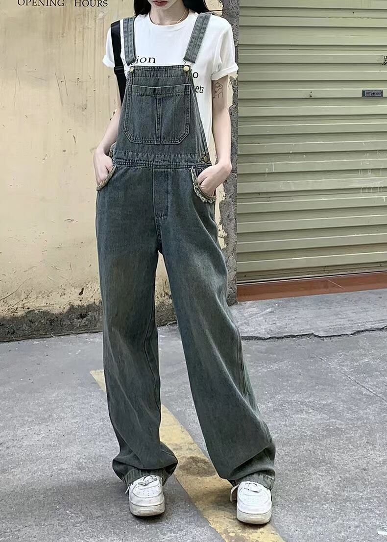 【新作】【送料無料】 2023年夏の女性のためのレトロなダメージデニムオーバーオール新しいスタイルのハイウエストスリミングルーズストレートワイドレッグパンツ 0365062797532