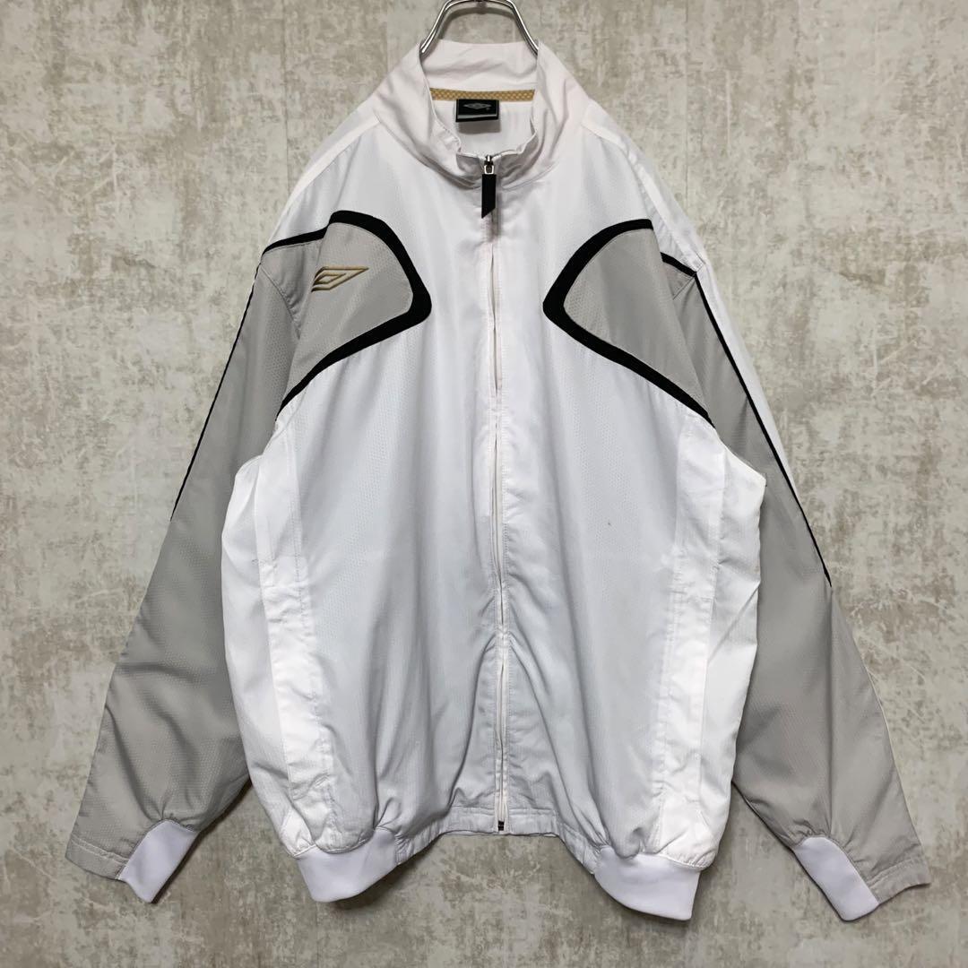 90s 00s UMBRO バイカラー 袖ロゴ ナイロンジャケット 黒灰青2XL