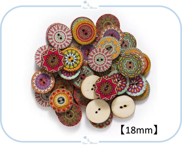 EB26 ウッドボタン【 18mm 】 ミックス 10個セット 模様 デザイン レトロ エスニック オリエンタル 木製 ぼたん ハンドメイド 手芸 服飾