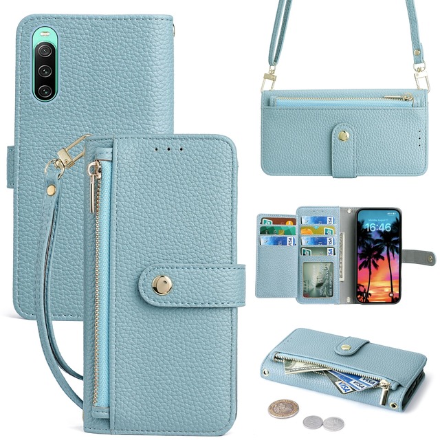Vokpok対応 Sony Xperia 10 III SO-52C/SOG07 ケース 手帳型 ショルダー 強力マルチカード収納 スタンド機能 耐衝撃全面保護 エクスペリア 10 III 財布型ケース 肩掛け 斜めがけ 手首かけ、掛けストラップ付き おしゃれ 実用性 ジッパー小銭入れ SO-52C スマホケース PUレザー ある滑らかな手触り 贈り物 SOG07 ケース,ライトブルー