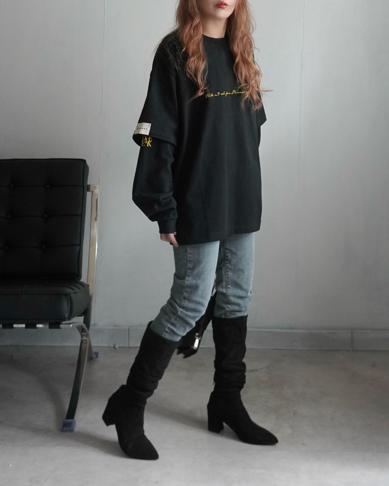 【HIDE AND SEEK 24-25NEW/REVAIVAL】Patch layered designロンTスウェット／ブラック