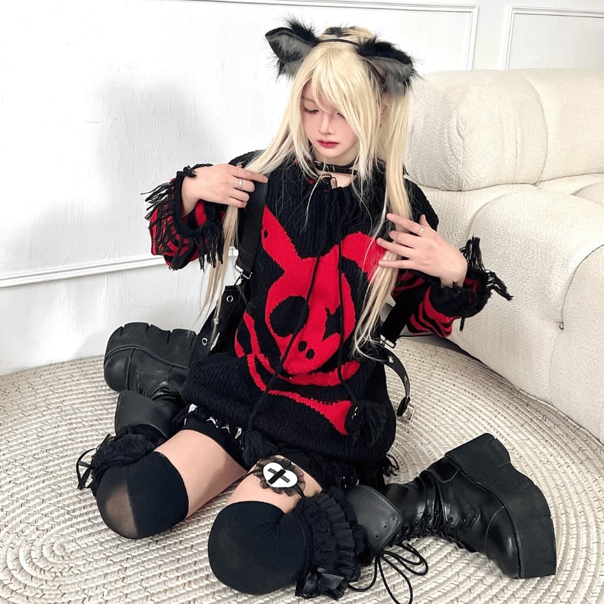 サブカル系地雷系 バックスリット パンツ サブカル系 地雷 春服 パンク ニット スカル柄 ストリート系
