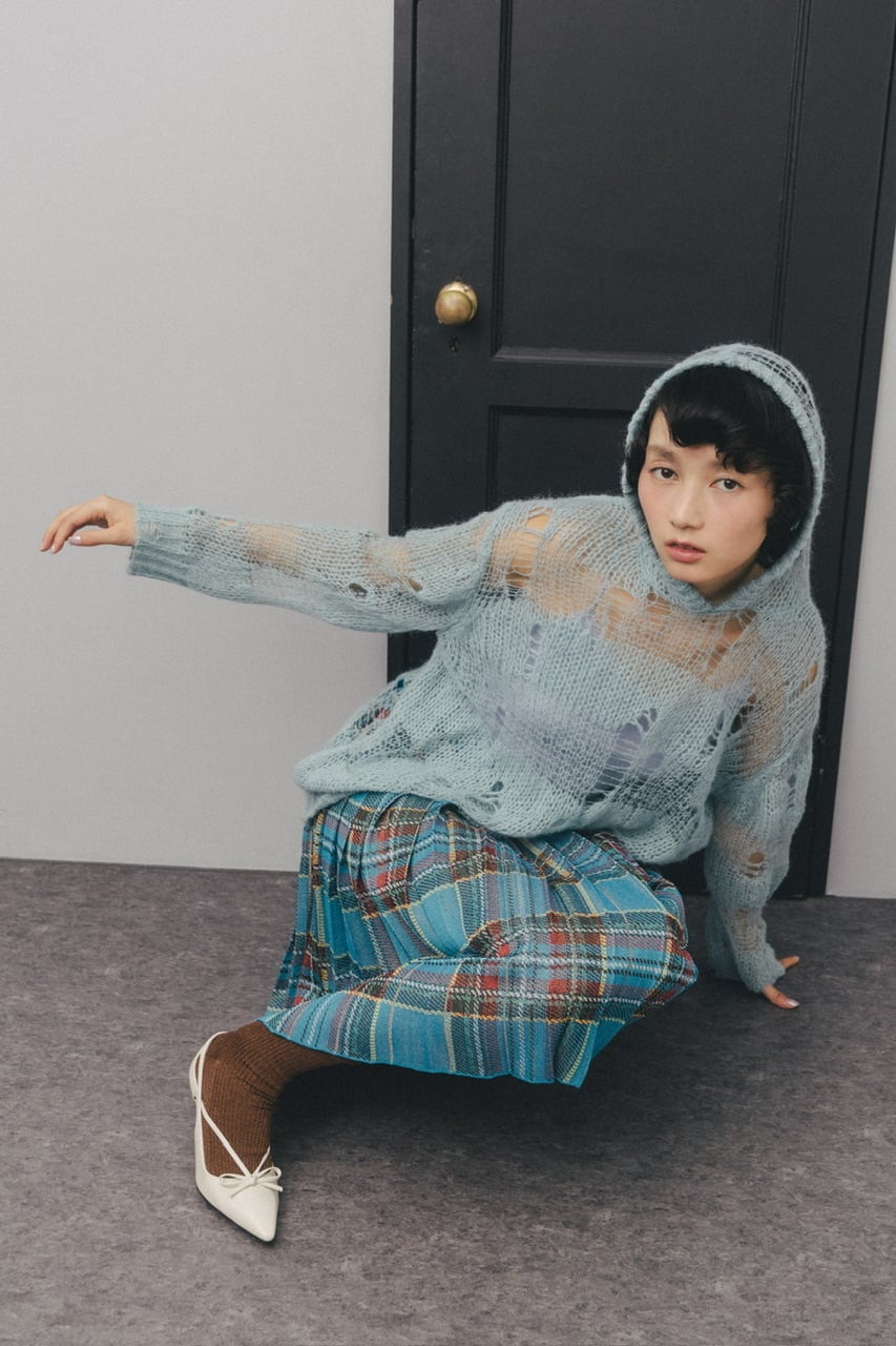 ラメニットプリーツチェックスカート BLUE