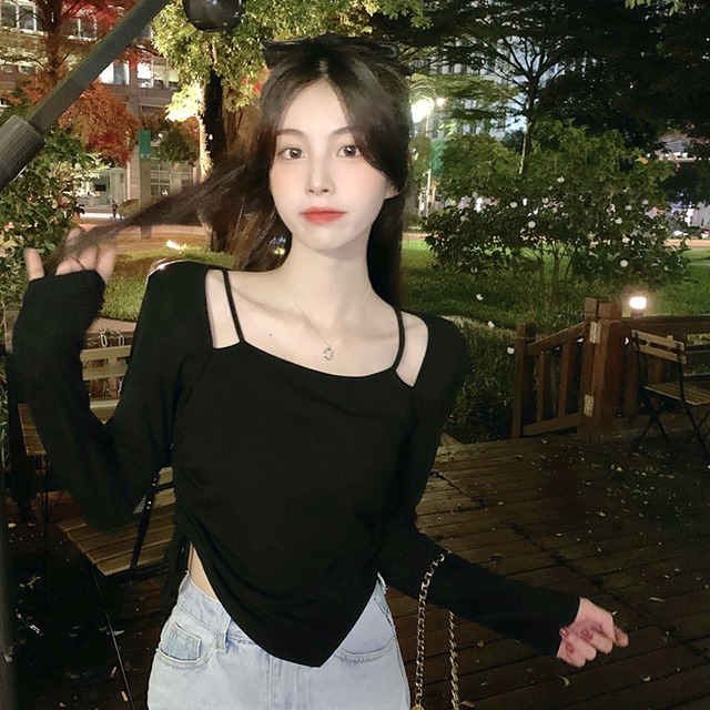 スタイルショートトップス スプリングオータムブラックTシャツ ロング 春物 秋物 試着室28353469605