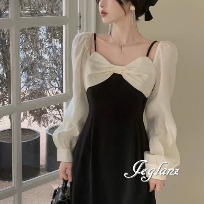 パーティ ドレス ワンピース 配色 リボン 大きいサイズ (M7607)ζ