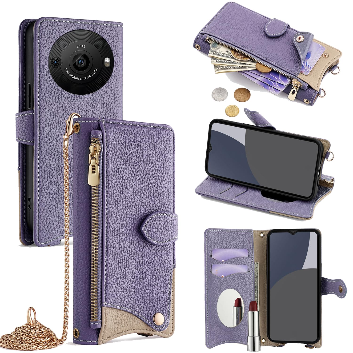 For AQUOS R8 Pro ケース 手帳型 ショルダー For アクオスR8 プロ SH-51D カバー 財布型 肩掛け 横+縦 2掛け方 斜めがけ 化粧鏡付き おしゃれ ジッパー小銭入れ カード収納 横置き ロングストラップ 耐汚れ PUレザー 防指紋 高耐久性 女性用 贈り物 COCOCLOUD パープル