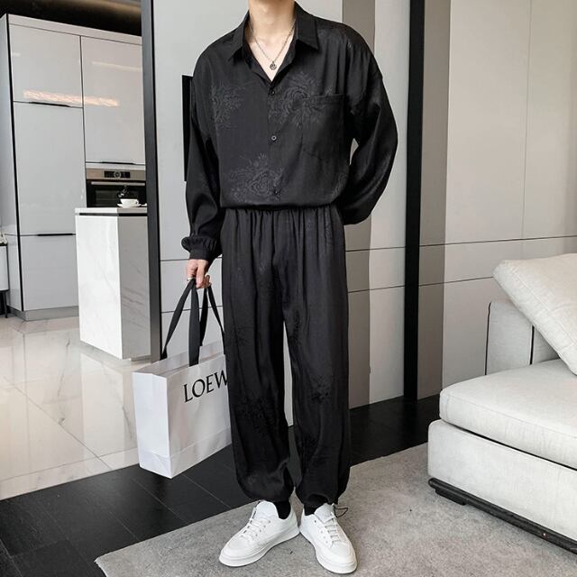【予約販売】メンズ セットアップ 上下 長袖シャツ 花柄 ブラック ホワイト モード 男前 韓国 パンツ セット リラックス カジュアル お洒落 韓国 トレンド 大きいサイズ M/L/XL/2XL