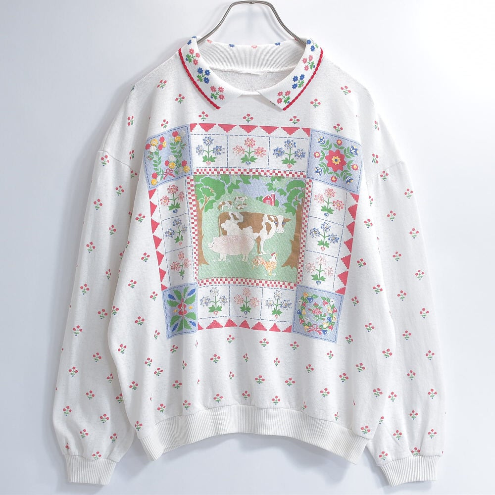 90s Used 襟付き アニマルプリント フラワー総柄 デザイン