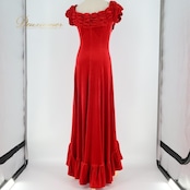 フラダンス 衣装 ワンピース ドレス uino! レッド系 ハワイ製 ベロア生地 アシンメトリー 高級感 上品 フリル 大人 綺麗 華やか シンプル 無地 オフショルダー かわいい ハワイアン アロハ フラ ダンス レッスン 練習 ドレッシー