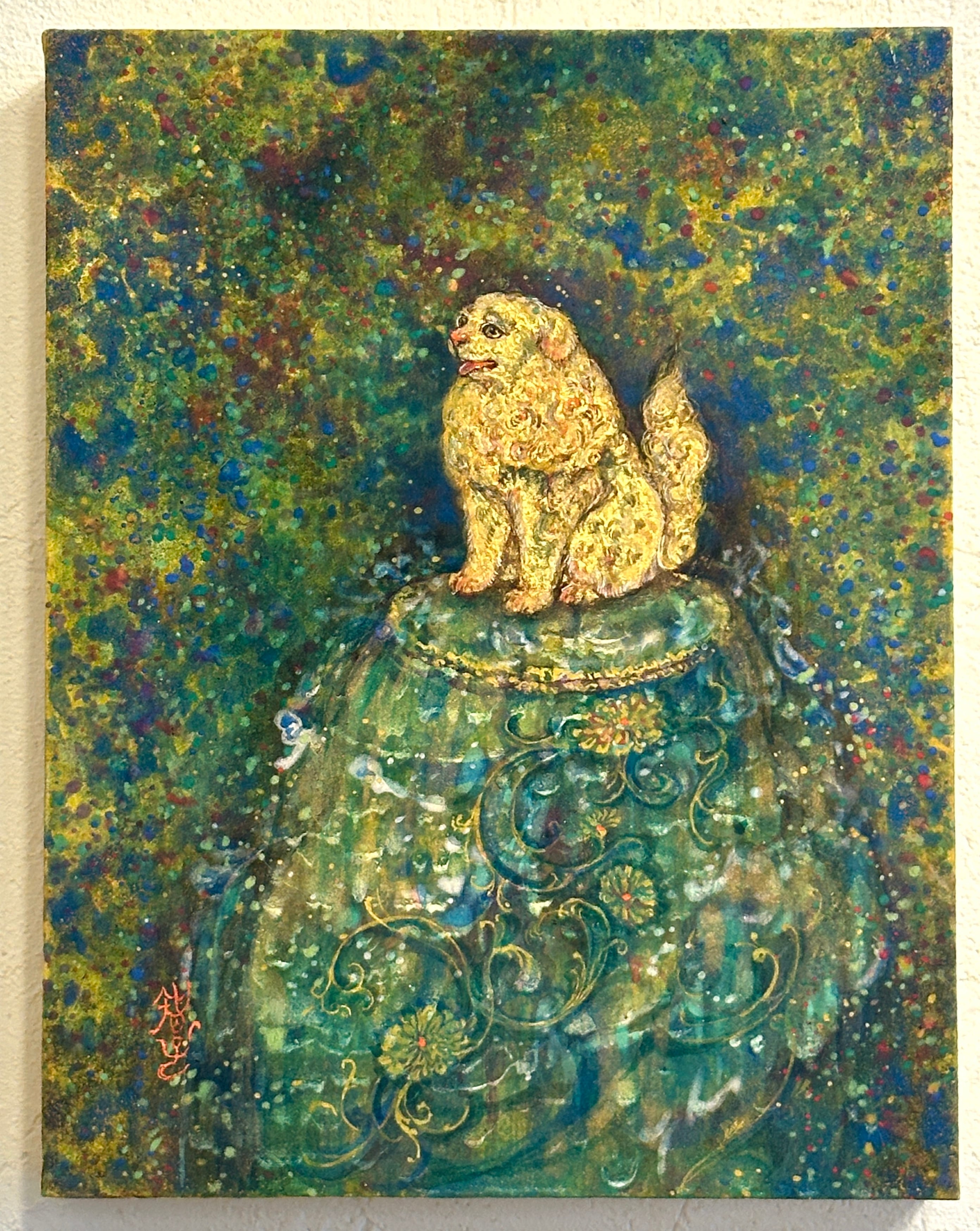 泉を守る黄金の獅子《獅子の泉》日本画 原画 額装｜岩絵具・金箔 中井